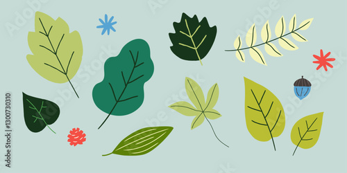 Seasonal leaves in various shapes green