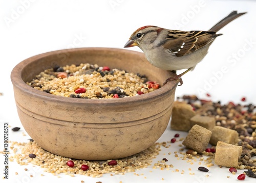 Sparrow on a earthen bowl isolated on white background