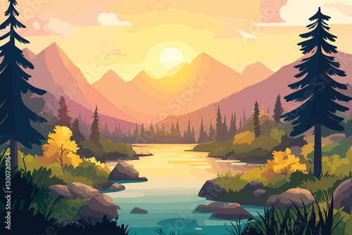 Mountain landscape at sunset with a river and trees, Flat style cartoon vector illustration