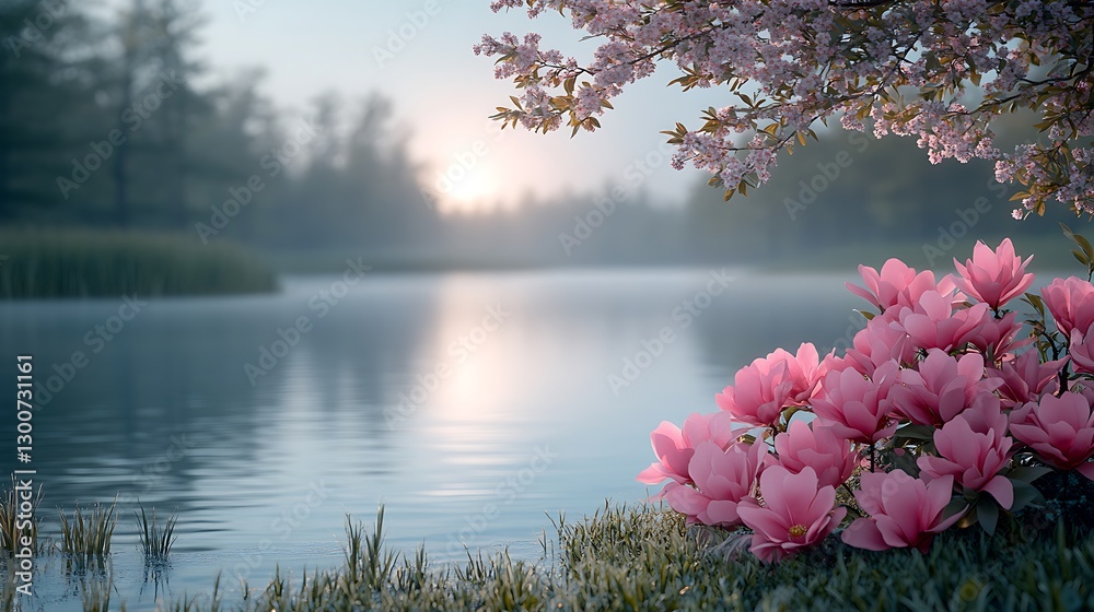 Misty morning by the lake with magnolia blossoms. Possible use nature wallpaper, spring background Misty morning by the lake with magnolia blossoms. Possible use nature wallpaper, spring background