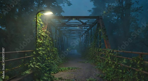 Ghostly Atmosphere Surrounding a Broken Bridge at Night, looping 4k time-lapse virtual video animation Generated AI. 3d render.