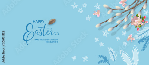 Happy Easter banner with spring flowers, eggs and willow branches
