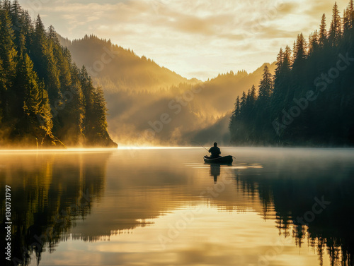 Fisherman enjoying peaceful sunrise on serene lake in misty forest