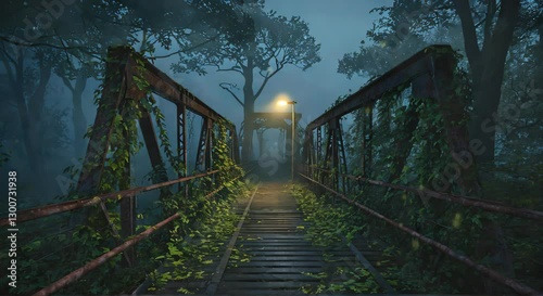 Mysterious Overgrown Bridge Lost in the Mist, looping 4k time-lapse virtual video animation Generated AI. 3d render.