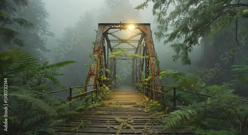 Hauntingly Beautiful Foggy Bridge in a Dark Forest, looping 4k time-lapse virtual video animation Generated AI. 3d render.