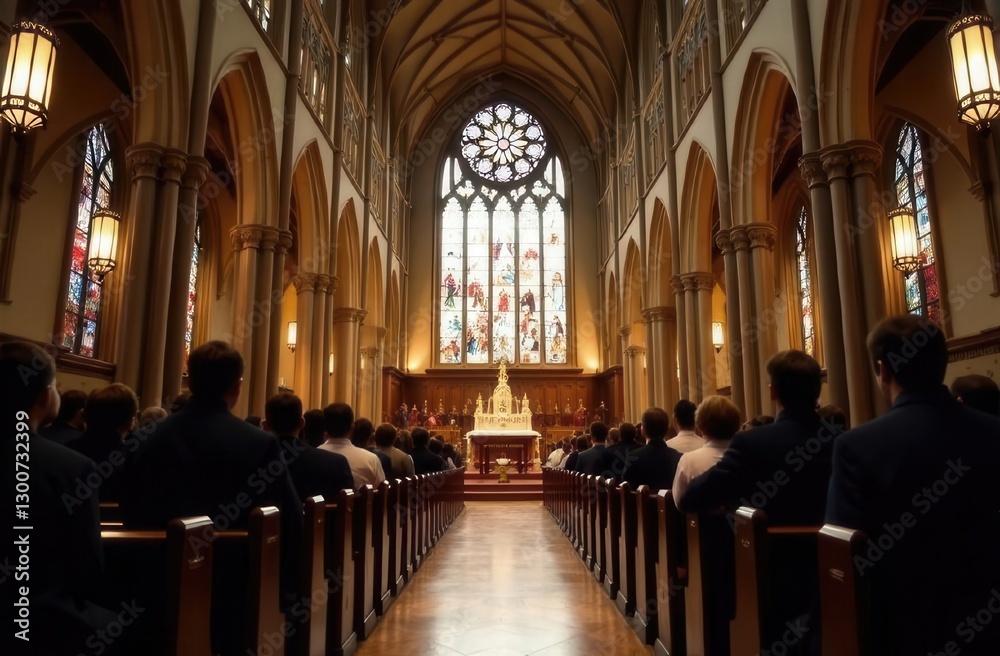Fototapeta premium Congregation attending service in gothic cathedral with stained glass windows