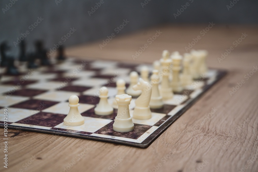 Strategic Chess Opening with White Pieces on Wooden Table Strategic Chess Opening with White Pieces on Wooden Table