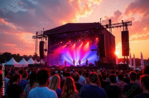 Outdoor music festival at sunset with diverse crowd and live band performance