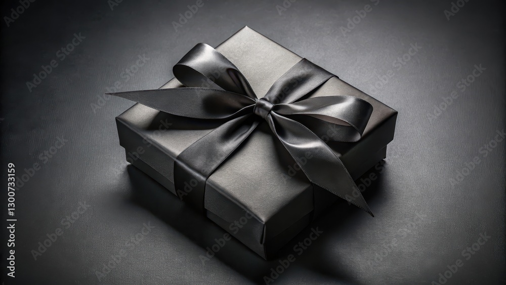 Fototapeta premium Black gift box with elegant black ribbon on dark background for a mysterious and luxurious feel, packaging