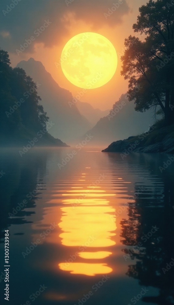 Naklejka premium Ethereal Golden Light Circle Effect on a Dreamy Lake Surface , mist, nature