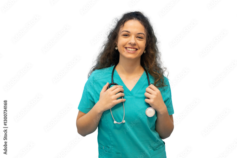 Smiling female doctor wearing green scrubs and holding stethoscope on transparent background Smiling female doctor wearing green scrubs and holding stethoscope on transparent background