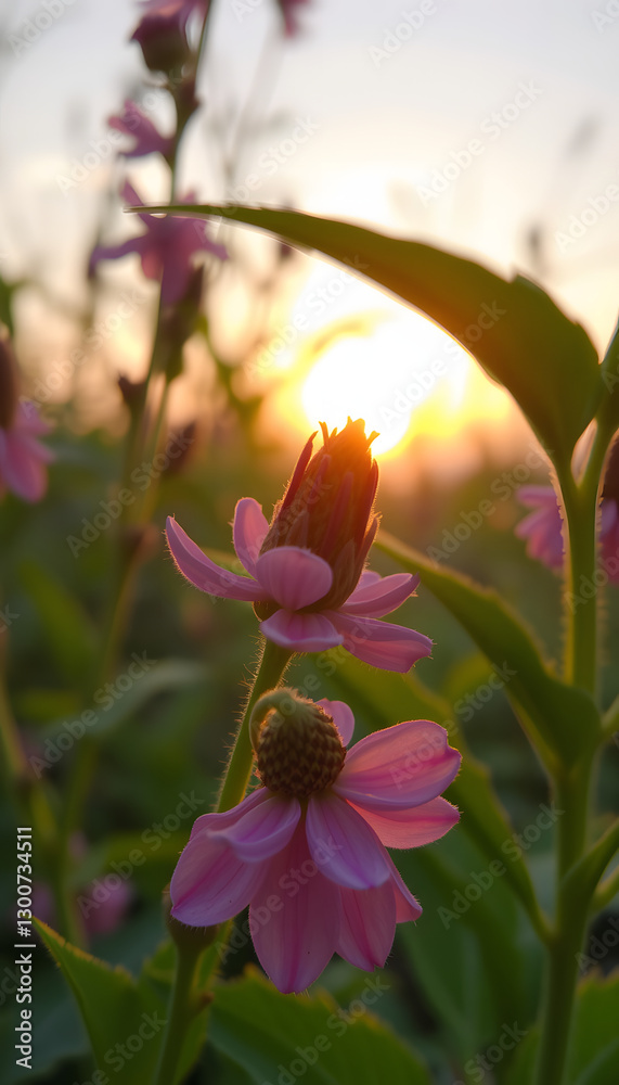 Fototapeta premium Plants and flowers macro. Detail of petals and leaves at sunset. Natural nature background, Diffused lighting. with white shades