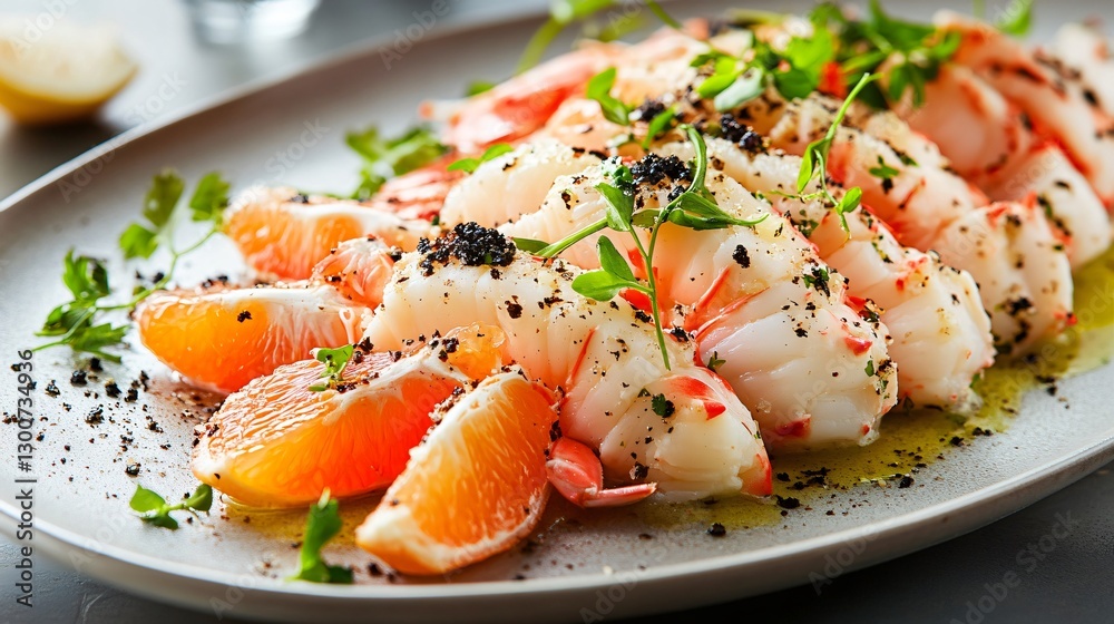 Alaskan king crab ceviche with grapefruit segments, black lava salt, and micro herbs, styled in a sleek modernist presentation on a silver metallic background Alaskan king crab ceviche with grapefruit segments, black lava salt, and micro herbs, styled in a sleek modernist presentation on a silver metallic background