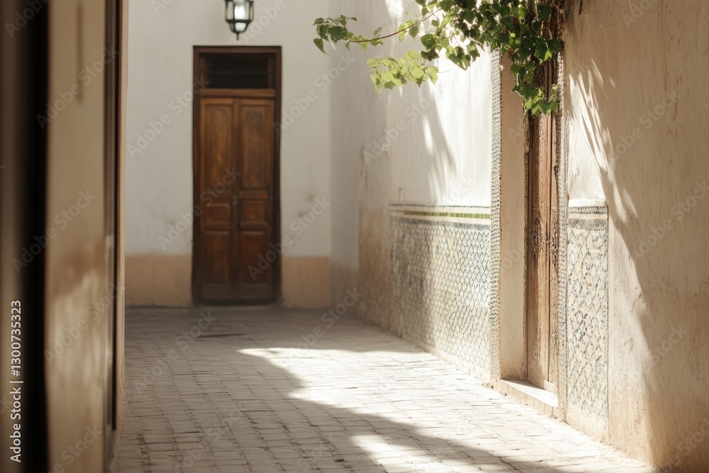 Sunlit alleyway with textured walls, wooden door, and greenery o