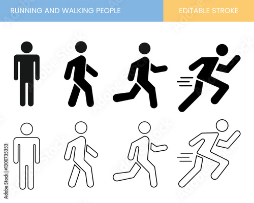 Running and walking people icons, people symbol, icons of people,  running icon, walking people icon, stroke, customizable