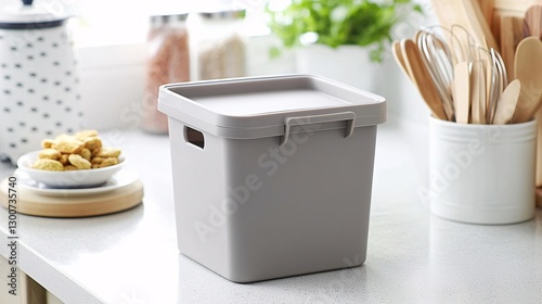 storage box with a lockable lid on a kitchen counter, offering a secure space for utensils or snacks. Storage box, lockable lid, kitchen counter, secure storage, kitchen essentials, kitchen 