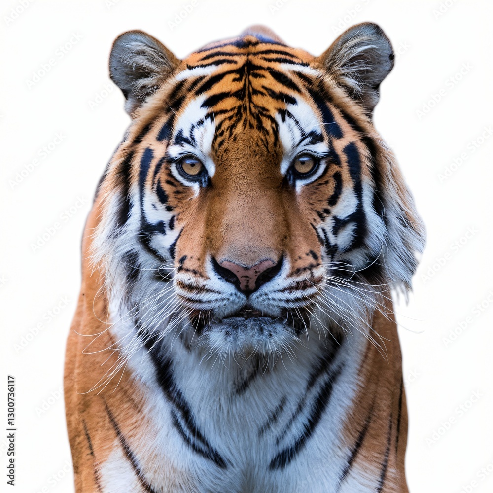Naklejka premium Majestic Tiger with Intense Gaze Isolated on White Background.