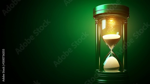 A glowing hourglass with sand falling upward, placed on a solid dark green background. photo