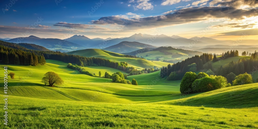Fototapeta premium Serene landscape with lush green grassy area surrounded by rolling hills and distant mountains, scenery, nature, scenery