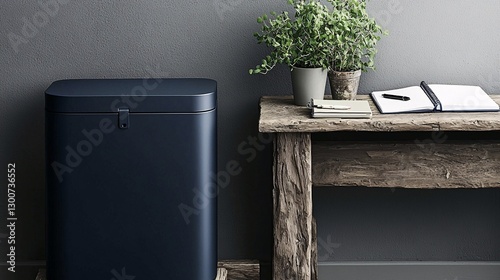 multipurpose storage box with a lockable lid in a deep navy blue color, placed on a rustic wooden bench in a cozy home office. The lid is closed, and a small plant and a notebook are placed 