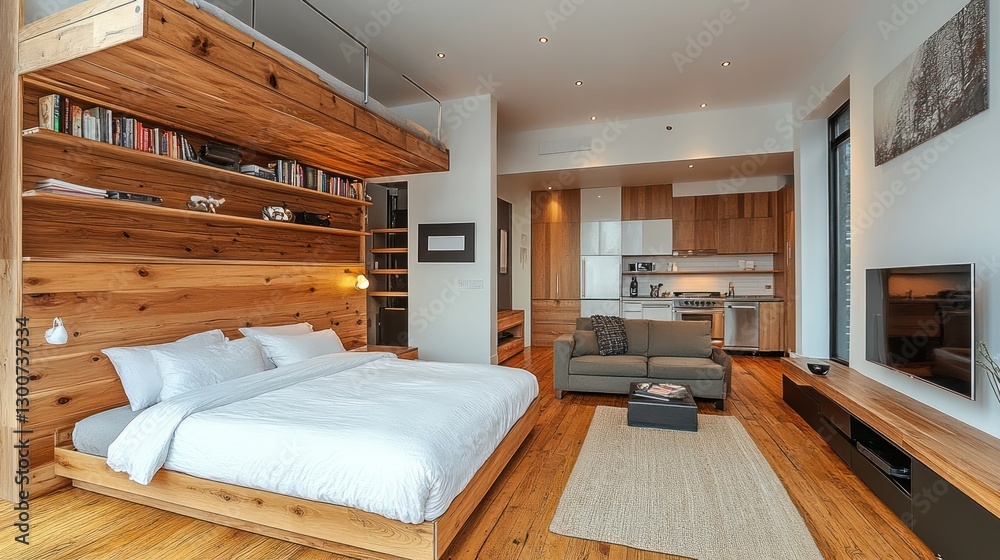 Naklejka premium Modern loft apartment with wooden wall, bed, sofa, and kitchen.
