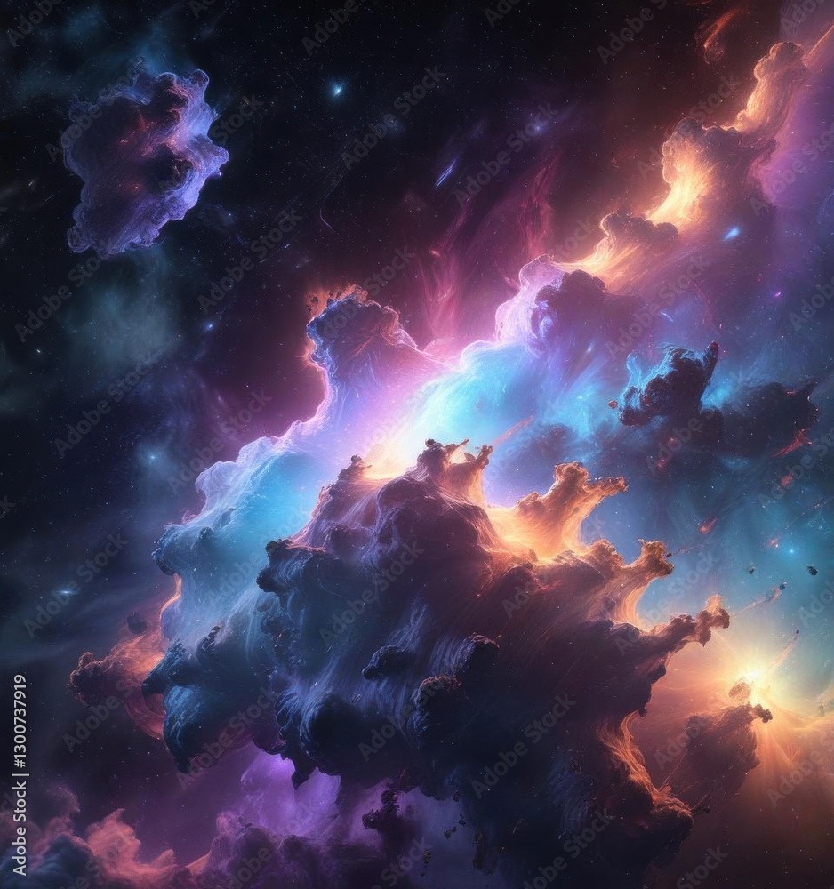 Fototapeta premium Glowing nebulae with holographic texture and iridescent colors, cosmos, iridescent, nebula