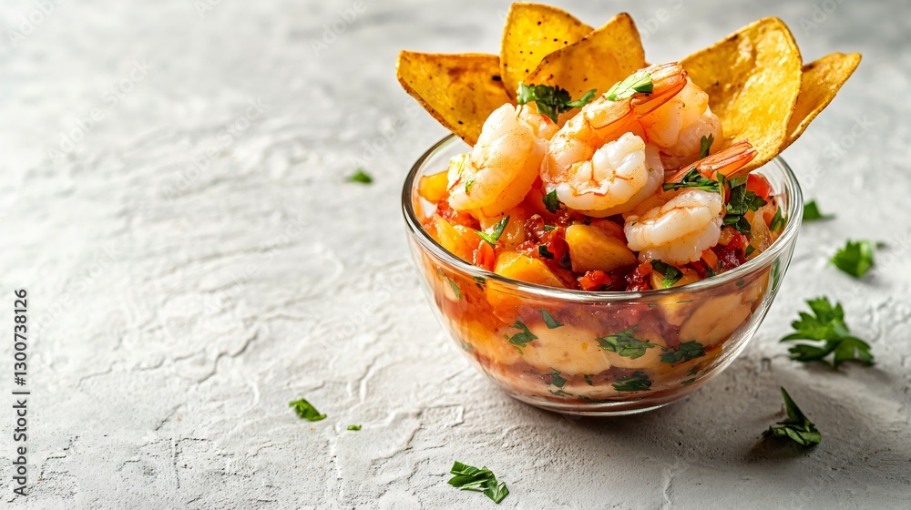 Classic Ecuadorian ceviche with shrimp in a tangy tomato-citrus sauce, served in a glass bowl with crispy plantain chips, isolated on a textured white stone surface