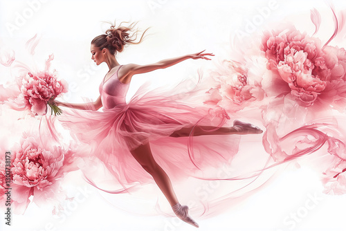 Fototapeta Naklejka Na Ścianę i Meble -  a woman in a pink dress is dancing among flowers and peonies in the air with her arms outstretched