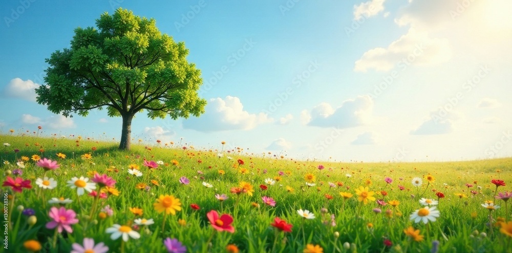 Wildflowers carpet meadow, single tree in soft sunlight, scenery, pretty Wildflowers carpet meadow, single tree in soft sunlight, scenery, pretty