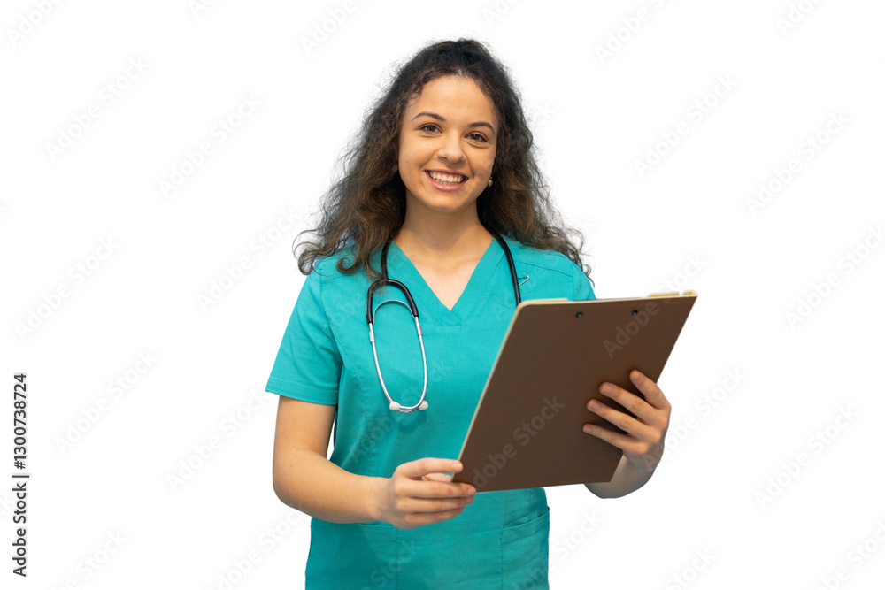 Smiling doctor or nurse holding a clipboard on transparent background Smiling doctor or nurse holding a clipboard on transparent background