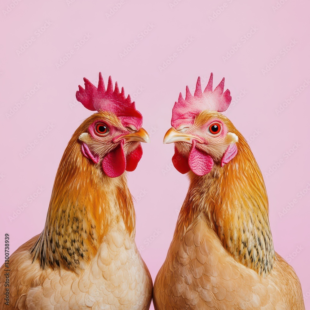 Fototapeta premium Chickens with vibrant feathers facing each other