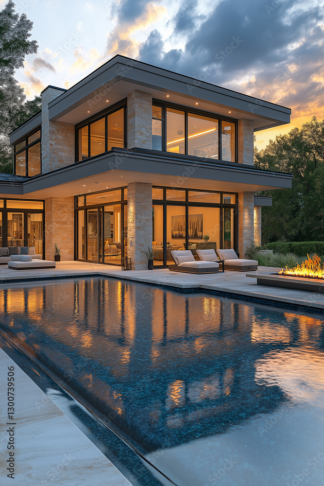 Fototapeta premium Photographie immobilière extérieure d’une terrasse avec piscine de maison moderne contemporaine avec coin salon et brasero. rendu 3D, HDR, idées déco et aménagement tendance.