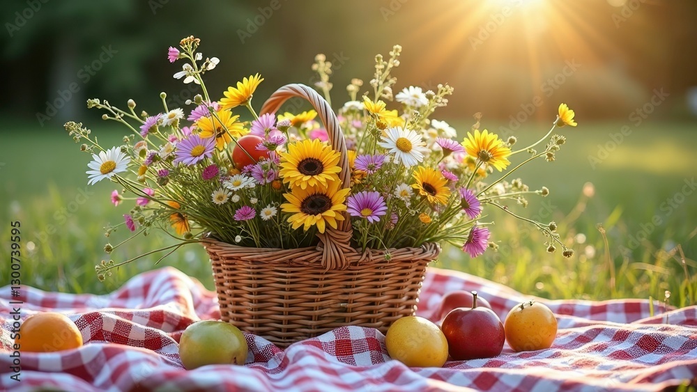 Sunlit picnic basket with colorful wildflowers and fresh fruits on checkered blanket Sunlit picnic basket with colorful wildflowers and fresh fruits on checkered blanket
