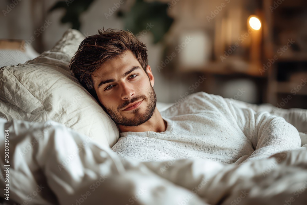 Obraz premium Cozy morning with a young man in bed