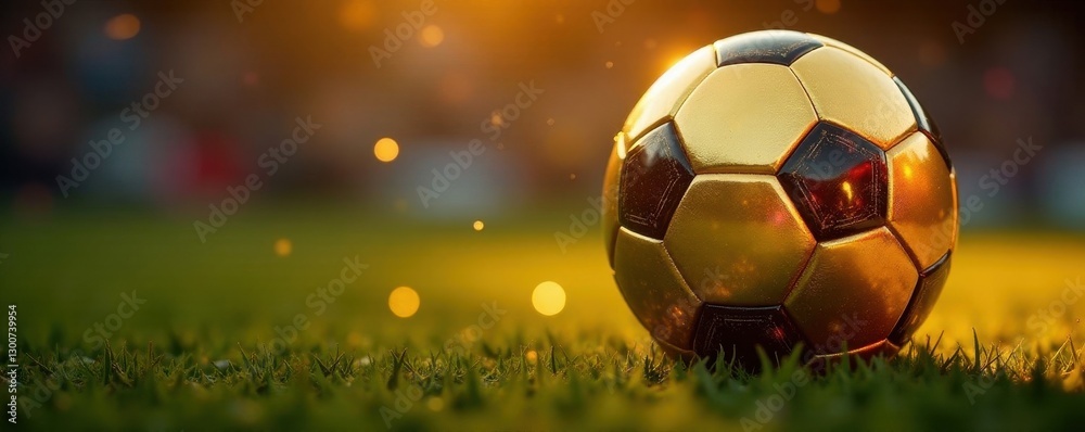 Fototapeta premium Ornate golden soccer ball, vibrant festive glow , light, sparkle, luxury