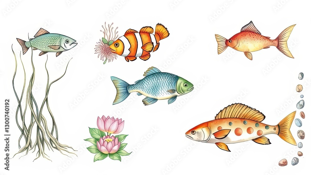 Fototapeta premium Colorful Fish Aquatic Plants and Flowers Illustration