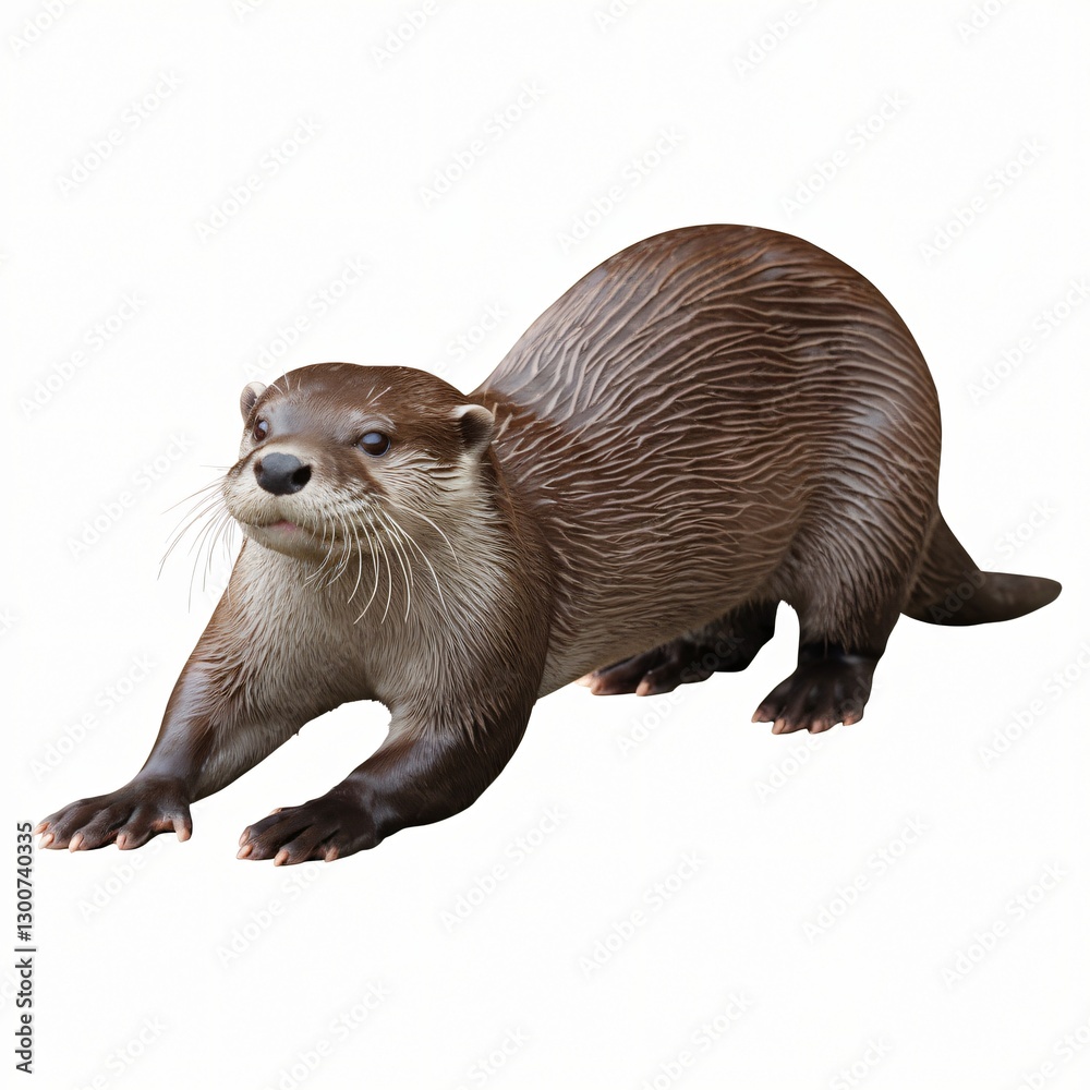 Realistic Otter with Sleek Brown Fur Crouching on White Background. Realistic Otter with Sleek Brown Fur Crouching on White Background.
