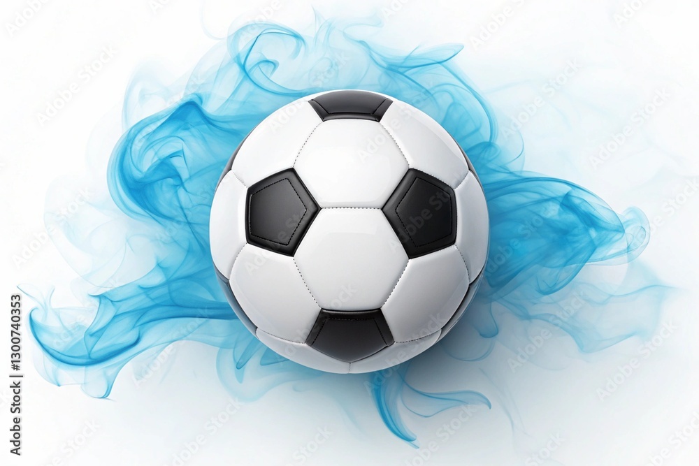 Obraz premium dramatic 3d soccer ball with blue smoke on white background for dynamic sports visuals