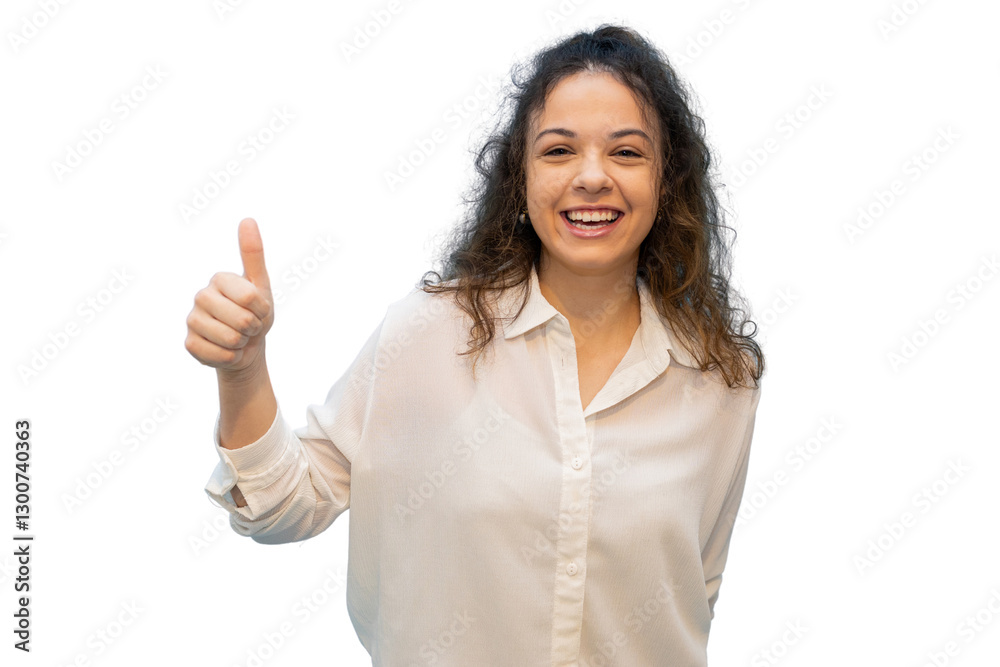 Young businesswoman showing thumbs up and smiling on transparent background Young businesswoman showing thumbs up and smiling on transparent background
