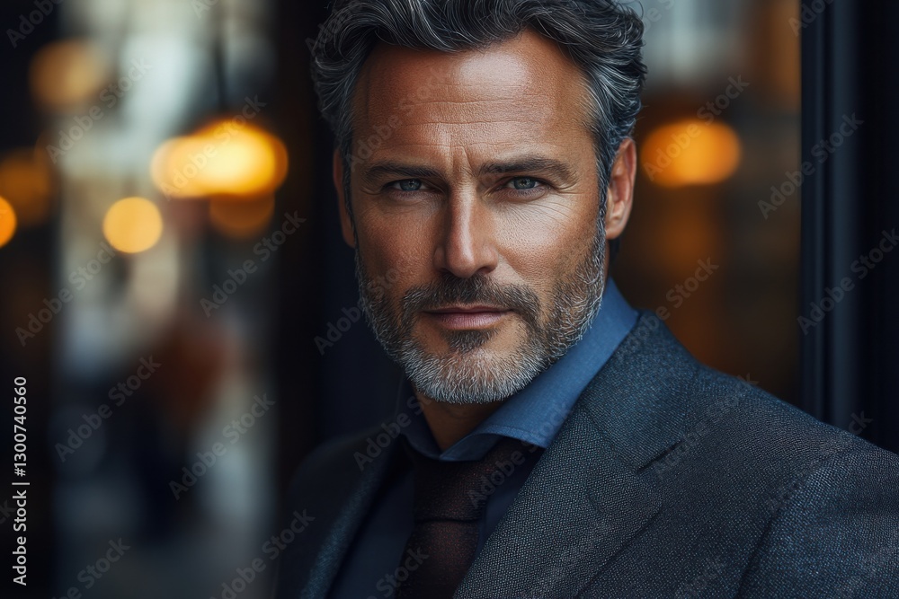 Confident man in a tailored suit posing against a stylish urban backdrop during golden hour Confident man in a tailored suit posing against a stylish urban backdrop during golden hour