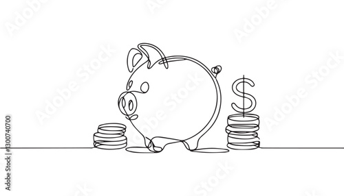 Continuous one single minimal line drawing piggy bank