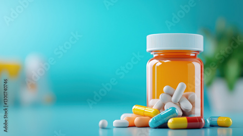 clear bottle of vitamin pills is displayed on bright blue background, with various colorful capsules and tablets scattered around, creating vibrant and healthy atmosphere