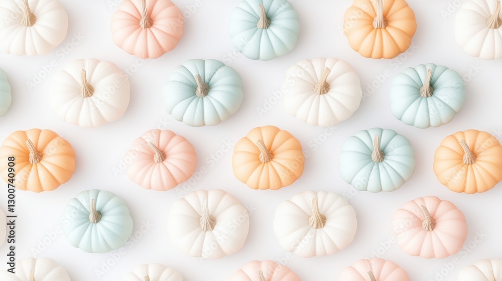 Decorative mini pumpkins in pastel shades arranged on a white surface for autumn and Halloween celebrations Decorative mini pumpkins in pastel shades arranged on a white surface for autumn and Halloween celebrations