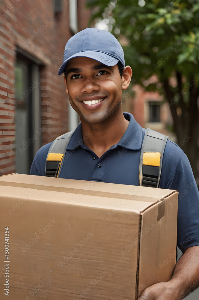 Courier Delivering Package: A friendly courier smiles while holding a cardboard box against the backdrop of a brick building, representing delivery and service. Courier Delivering Package: A friendly courier smiles while holding a cardboard box against the backdrop of a brick building, representing delivery and service.