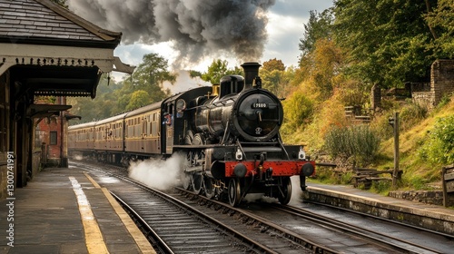 Vintage Steam Train Passes Through a Historic Train Station, displaying vintage transportation