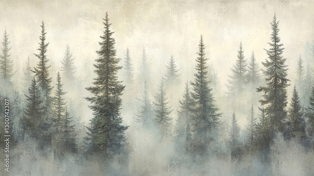 Fototapeta premium Calm and Misty Forest Scene with Layers of Soft, Hazy Trees Fading into the Distance, Creating a Serene and Atmospheric Mood.