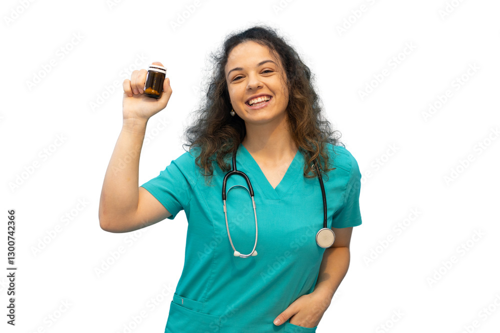 Smiling doctor showing medicine bottle on transparent background Smiling doctor showing medicine bottle on transparent background