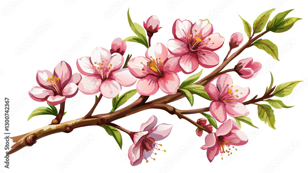 Obraz premium Cherry Blossom Branch Watercolor Illustration on White or Transparent Background. Perfect for: Hanami, Spring Festivals, Weddings