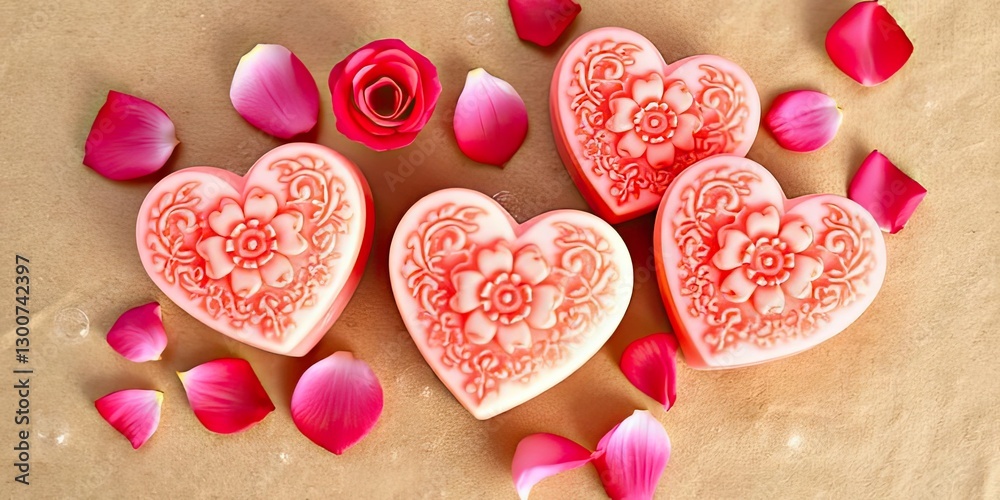 Fototapeta premium Romantic Heart Shaped Soaps with Rose Petals Valentine s Day Gift
