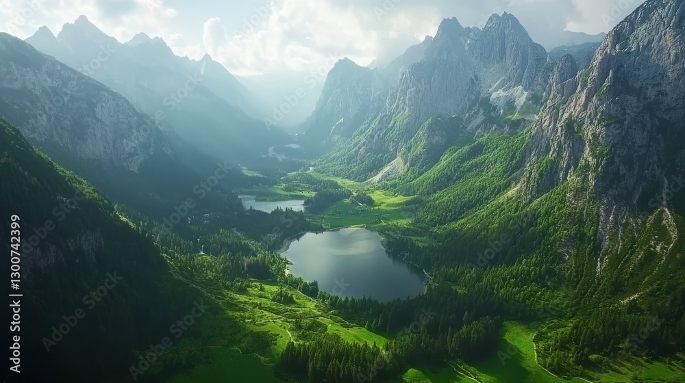 Fototapeta premium Panoramic View of Mountain Ranges and Hidden Lakes